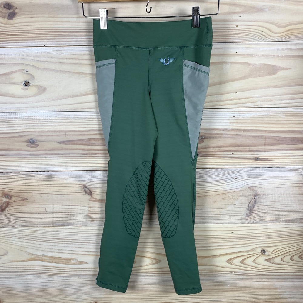 TuffRider Riding Tights Kids Small Green Equestrian Silicone Knee Patch Breeches